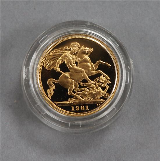 A 1981 gold proof full sovereign.